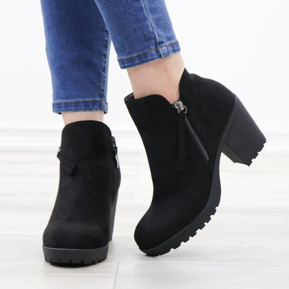 Black Suede Lug Chunky Heel Ankle Boots - Picture 12 of 16
